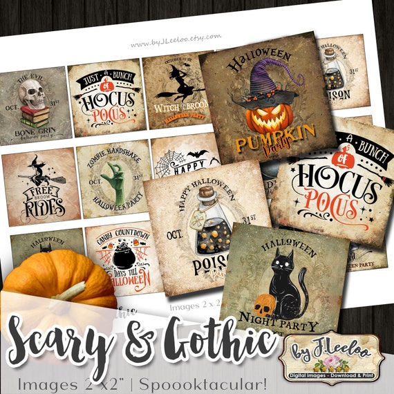 SCARY & GOTHIC 2x2 inch digital Halloween printable invitation vintage images for coasters scrapbooking diary grunge ephemera qu541