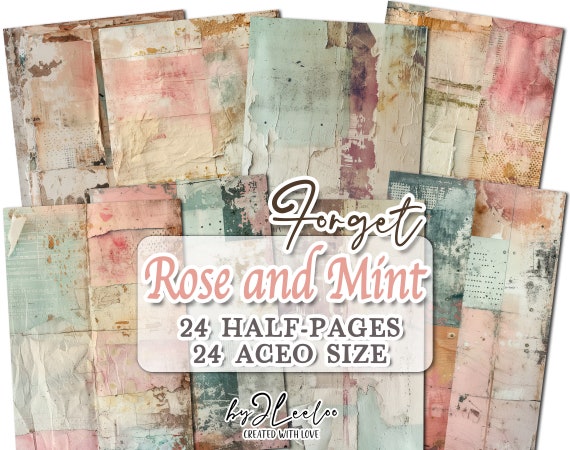 FORGET ROSE and MINT half pages printable | Distressed Collage junk journal Mixed Media supplies | Shabby chic papers card diary DiY | pp724
