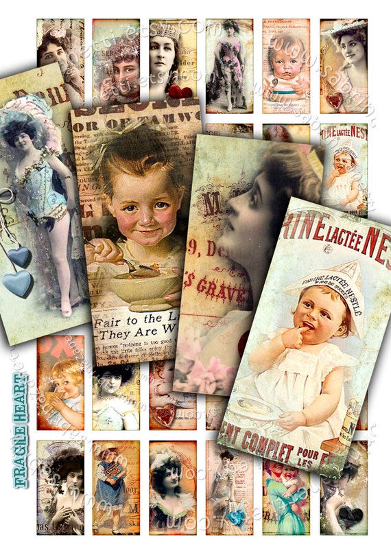 FRAGILE printable 2x1 inch domino size baby woman old photo Digital collage sheet instant download background vintage victorian do123