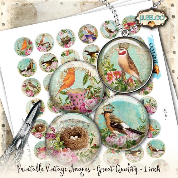 VICTORIAN 1  inch circle sheets printable digital images birds cup tea paper goods vintage magnet pendant craft instant download tn558