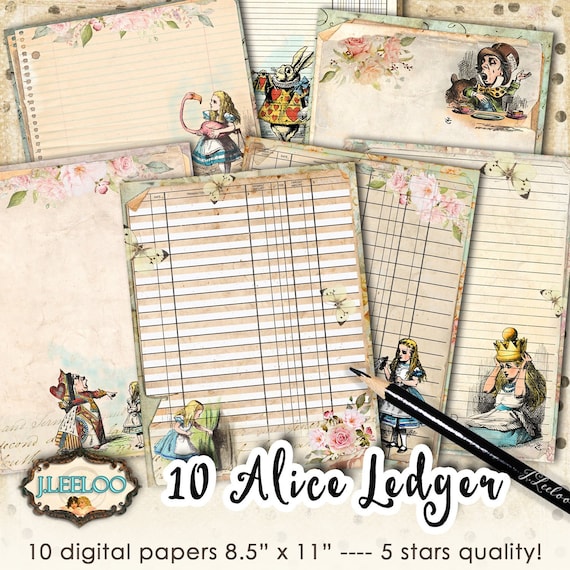 ALICE LEDGER in Wonderland large papers 8.5x11 inch printable diary Mad Hatter Lewis Carroll White Rabbit instant download pp440