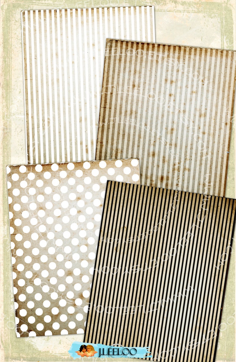 May include: Four different patterned paper sheets. The first sheet has white and brown vertical stripes. The second sheet has white and brown horizontal stripes. The third sheet has white polka dots on a brown background. The fourth sheet has black and brown vertical stripes.
