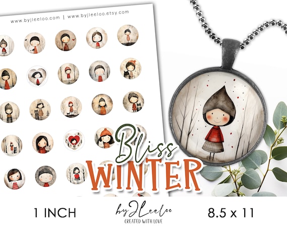 WINTER BLISS 1 inch printable Christmas | Holidays supplies round pendants charms glass cabochon magnet| journal scrapbooking craft | tn698