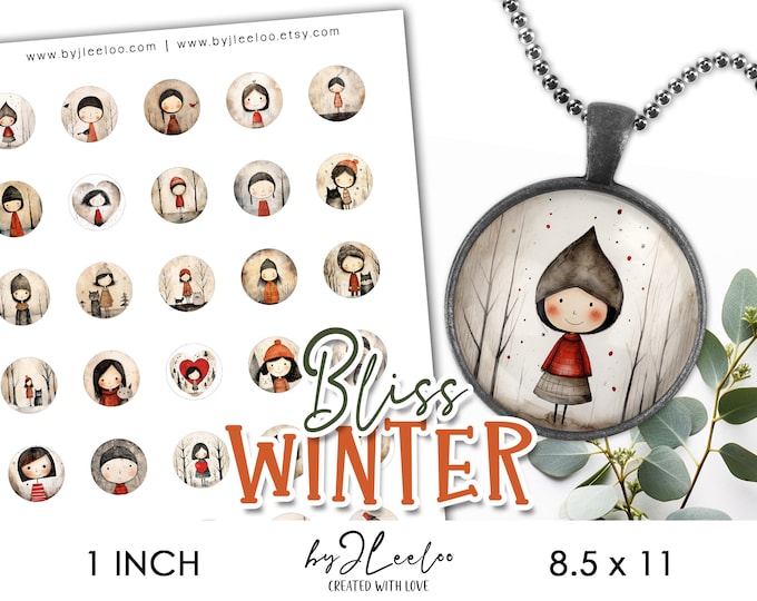WINTER BLISS 1 inch printable Christmas | Holidays supplies round pendants charms glass cabochon magnet| journal scrapbooking craft | tn698