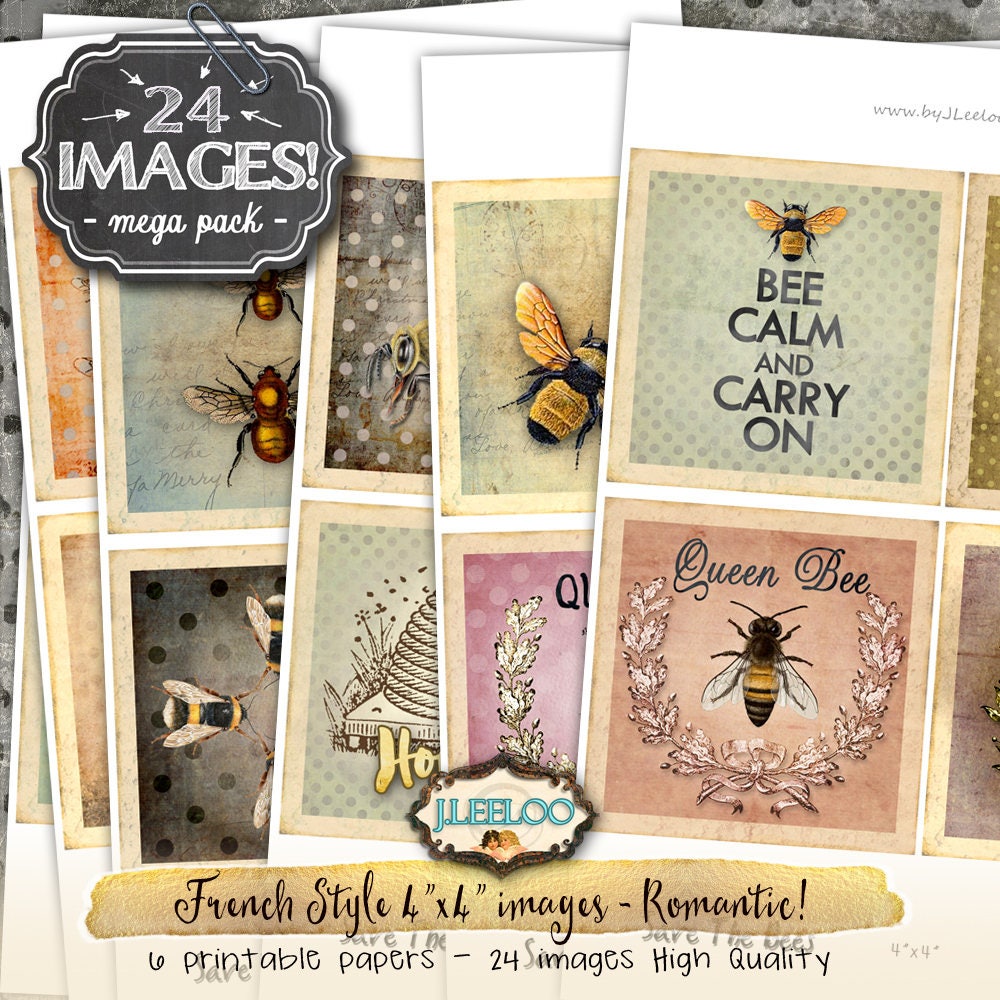 SAVE THE BEES 4x4 inch digital paper large hang tag french labels scrapbooking coaster magnet instant download printable image qu513
