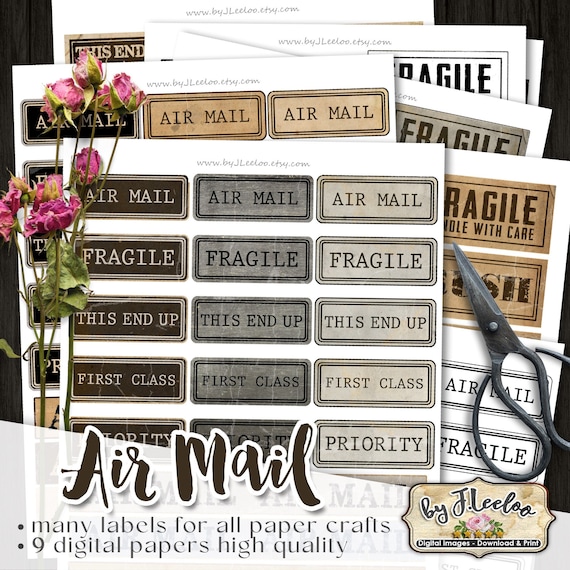 AIR MAIL labels printable vintage ephemera junk journal steampunk instant download images digital collage sheet tl253