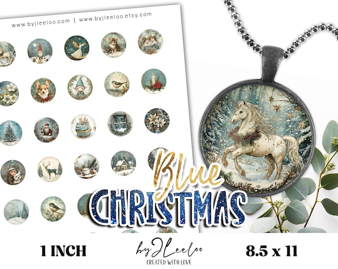 BLUE CHRISTMAS 1 inch printable Tags DIY Gift Labels Bottle Caps Stickers | Collage sheet | Cupcake Toppers Christmas Decorations | tn830