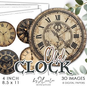 Pode incluir: Um pacote de papel digital com 30 imagens de mostradores de relógio vintage. As imagens medem 10,16 cm e são perfeitas para projetos de artesanato.