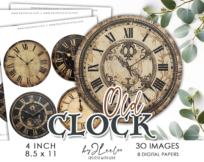 OLD CLOCK 4 inch circle printable | Vintage download diy round supplies for coaster Junk Journal, CU, Digital Art, Digital Download | tn775