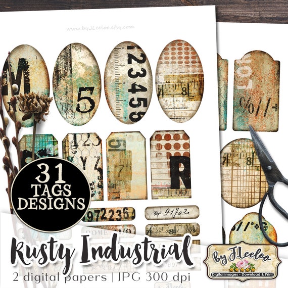 RUSTY INDUSTRIAL tags printable steampunk vintage ephemera junk journal masculine images digital collage sheet tl250