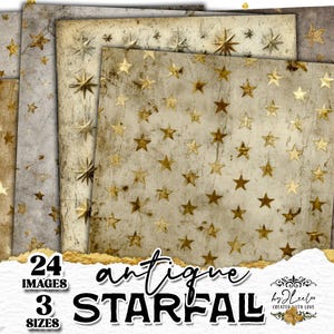 Könnte beinhalten: Ein Stapel Papierbögen im antiken Stil mit einem goldenen Sternmuster. Die Papiere haben einen verwitterten, Vintage-Look mit Gold- und neutralen Farbtönen. Der Text auf dem Bild lautet "24 Images, 3 Sizes, Antique Starfall".