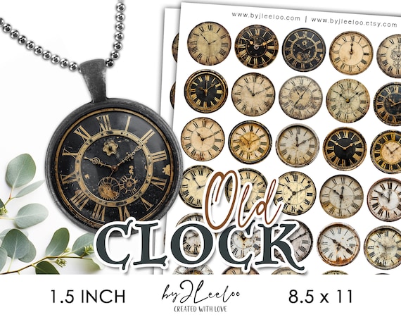 OLD CLOCK 1.5 inch printable illustration | Ephemera vintage supplies round pendant charm glass cabochon sticker pin | Journal card | tn771