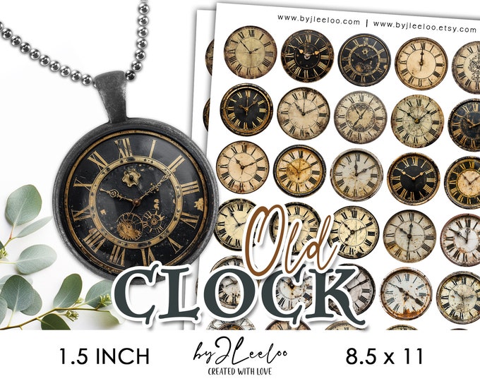 OLD CLOCK 1.5 inch printable illustration | Ephemera vintage supplies round pendant charm glass cabochon sticker pin | Journal card | tn771