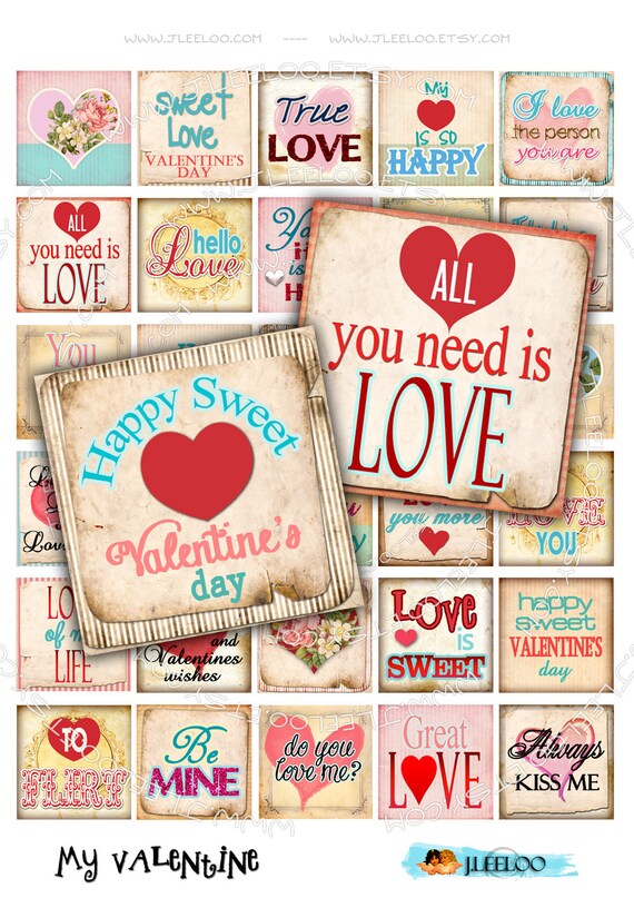 Digital images MY VALENTINE 1.5 inch square printable quote love heart for pendant magnet and craft  instant download printable qu399