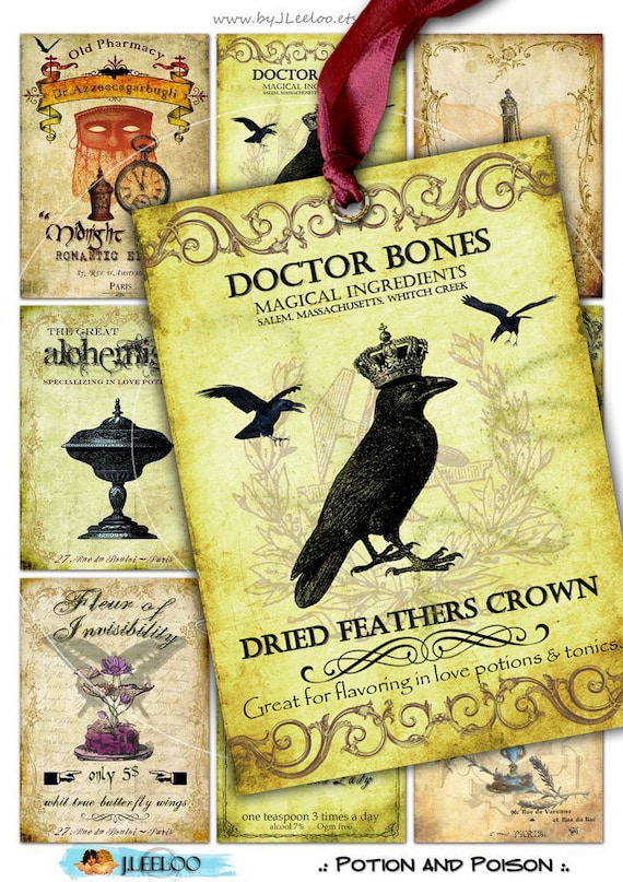 POTION AND POISON printable invitation for apothecary jewelry label Digital collage sheet instant download background vintage ac197