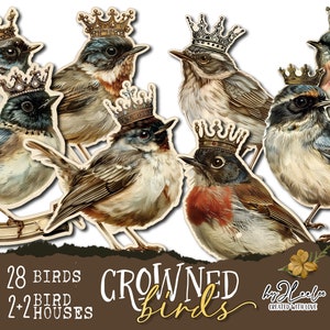 CROWNED BIRDS PNG Clipart paper craft supplies | digital junk journal elements vintage | mixed media printable | Birdhouse template | cl167