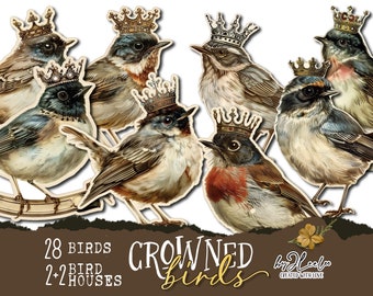 CROWNED BIRDS PNG Clipart paper craft supplies | digital junk journal elements vintage | mixed media printable | Birdhouse template | cl167