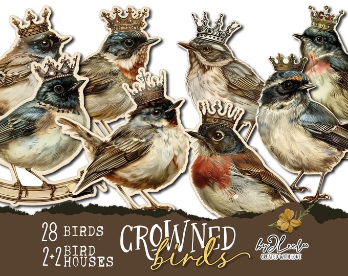 CROWNED BIRDS PNG Clipart paper craft supplies | digital junk journal elements vintage | mixed media printable | Birdhouse template | cl167