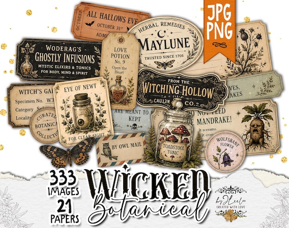 WICKED BOTANICAL – Halloween Botanical Junk Journal Kit | Vintage Ephemera, Poison Labels, Witch Clipart PNG, Printable Papers | ppK73
