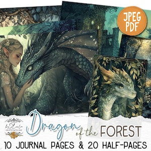 Afdrukbare DRAGON of the FOREST-junkjournaalpagina's | Magische collageset van halve pagina's Enchanted Forest | Vintage collagevel plakboek | pp861