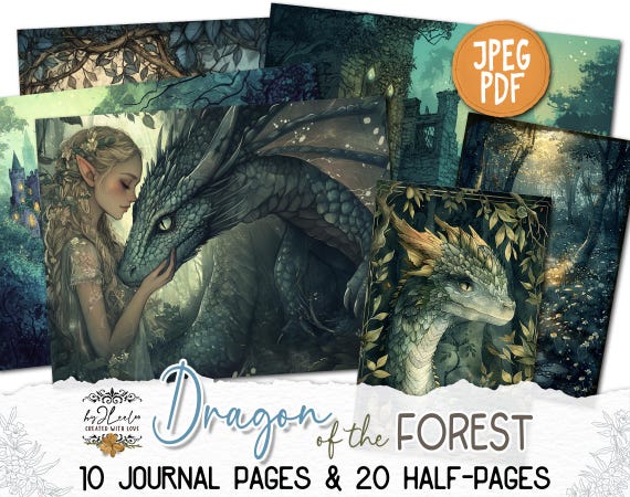 DRAGON of the FOREST Junk Journal Pages printable | Enchanted Forest Magic Half-pages Collage Kit | Scrapbook vintage Collage Sheet | pp861