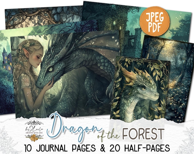 DRAGON of the FOREST Junk Journal Pages printable | Enchanted Forest Magic Half-pages Collage Kit | Scrapbook vintage Collage Sheet | pp861