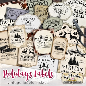 May include: A set of vintage-style Christmas labels in three sizes. The labels feature various holiday themes, including snowballs, gingerbread, Santa's workshop, Christmas trees, and farmhouse Christmas. The labels are printed on a cream-colored background with black and red text.