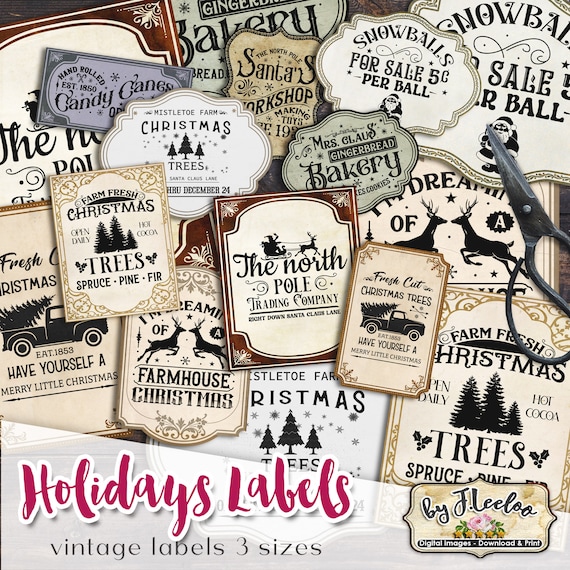 HOLYDAYS LABELS apothecary for greeting card Digital collage sheet Christmas santa gift card paper good download printable vintage tl248