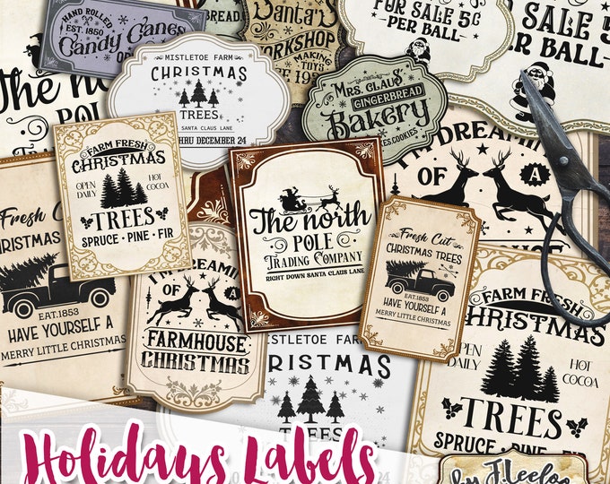 HOLYDAYS LABELS apothecary for greeting card Digital collage sheet Christmas santa gift card paper good download printable vintage tl248