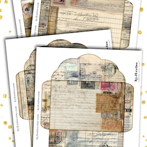 May include: A stack of vintage-style paper envelopes with aged paper textures, stamps, and handwritten script. The envelopes have a unique scalloped edge. The text "Archived Mail" is visible. The Etsy shop name "byJLeeloo" is also visible.