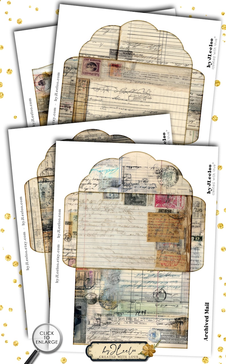 May include: A stack of vintage-style paper envelopes with aged paper textures, stamps, and handwritten script. The envelopes have a unique scalloped edge. The text "Archived Mail" is visible. The Etsy shop name "byJLeeloo" is also visible.