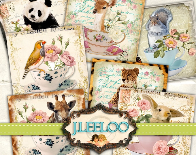 Digital print TEACUP WITH FRIENDS 2.5 inch square hang tag wild animal images pendant magnet instant download printable image qu377