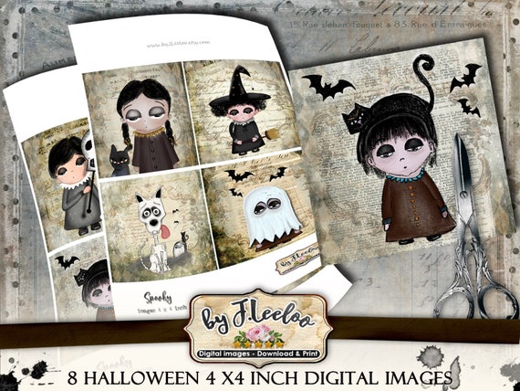 SPOOKY  4x4 inch gothic party halloween - Digital collage sheet Hand drawn coaster magnet stickers hang tags - instant download - qu520