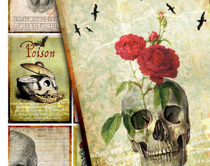 TRICK OR TREAT printable gift cards Digital collage sheet halloween skull bones day dead hang tag greeting card background ac224