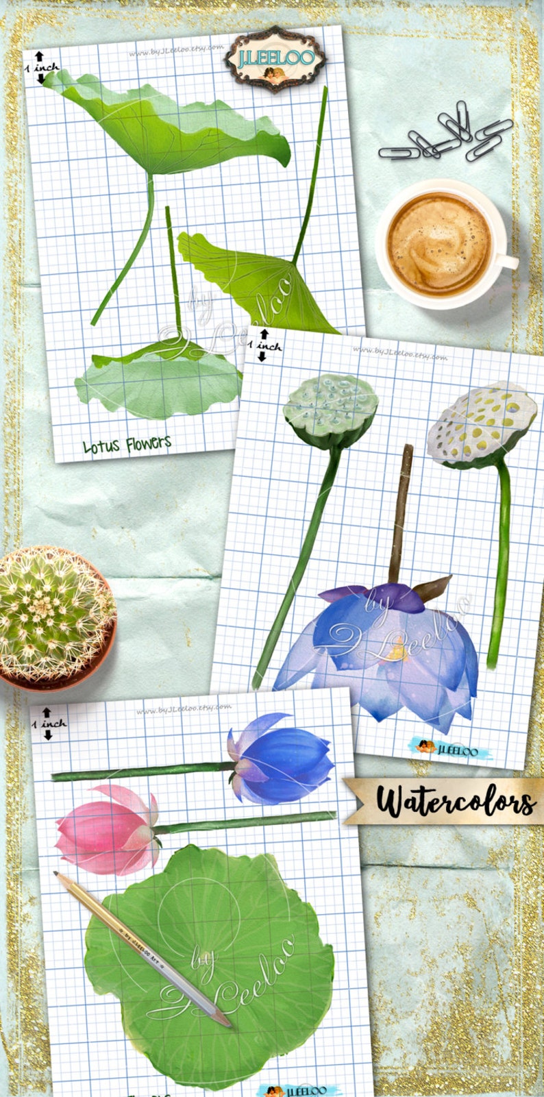May include: Four printable sheets of watercolor illustrations of lotus flowers and leaves. The illustrations are on a grid background with 1 inch markings. The sheets are labeled "Lotus Flowers" and "Watercolors".