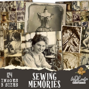 SEWING MEMORIES collection 124 large vintage photos | Old dressmaker supplies ephemera collage junk journal | seamstress diary card | cp006