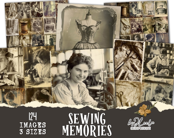 SEWING MEMORIES collection 124 large vintage photos | Old dressmaker supplies ephemera collage junk journal | seamstress diary card | cp006