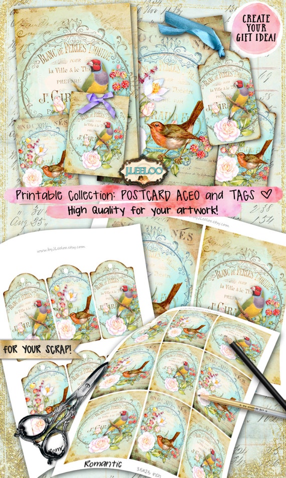 ROMANTIC BIRD printable card and tags scrapbook ephemera instant download Digital collage sheet pp343