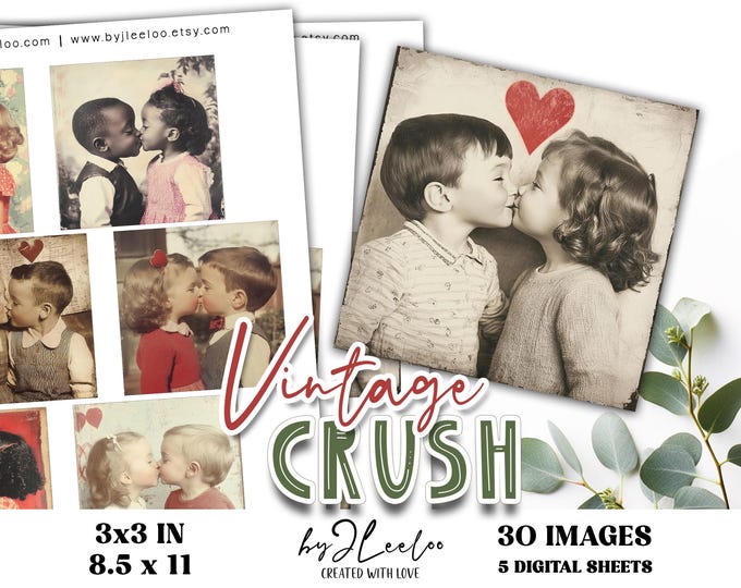 VINTAGE CRUSH 3x3 inch printable | Valentine children supplie square charm, mirror, magnet, label, altered art, craft card, journal | qu623