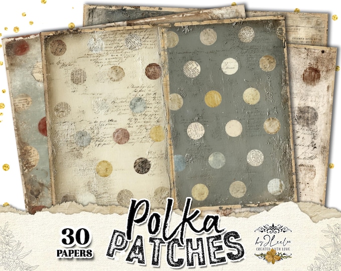 POLKA PATCHES – Vintage Junk Journal Pages, Paper Dots Backgrounds, Grunge Collage Papers, Shabby Printable Kit | ppK59