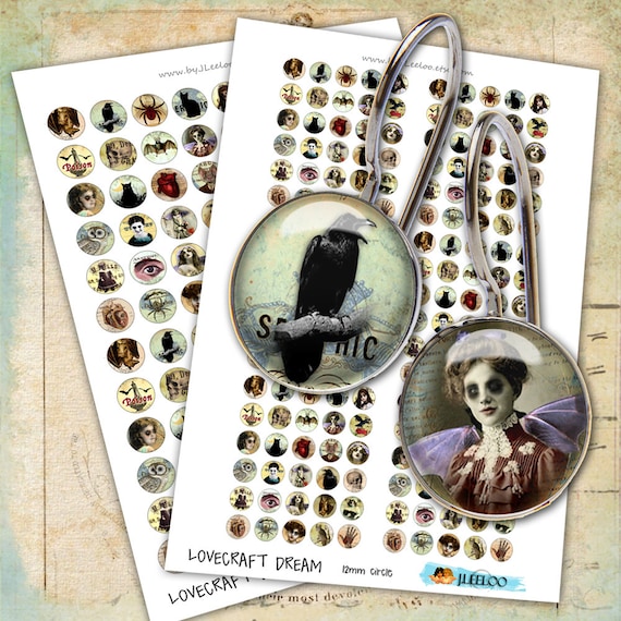 Digital sheet LOVECRAFT DREAM 12mm 18mm 20mm circle sheets earring ring -  vampire ghotic scary images jewelry - instant download - tn464