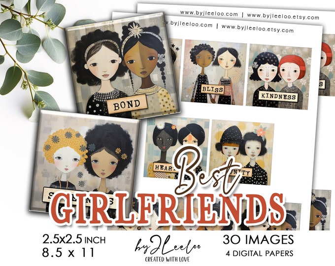 BEST GIRLFRIENDS 2.5x2.5 inch printable | Gift for friend supplies square pendants, sticker, charm, mirror, magnet, altered art  | qu589