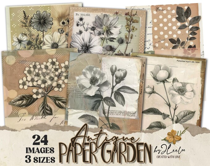 Antique PAPER GARDEN 24 background 3 Sizes | Junk Journal Collage Pages | Backdrop quirky cards | scrapbook digital | Commercial Use | pp932