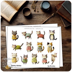 Op de afbeelding: Een vel stickers met grillige kattenillustraties. Elke kat is afgebeeld in een unieke outfit met verschillende patronen en kleuren, waaronder strepen en stippen. De tekst "Quirky Kitties" is zichtbaar.