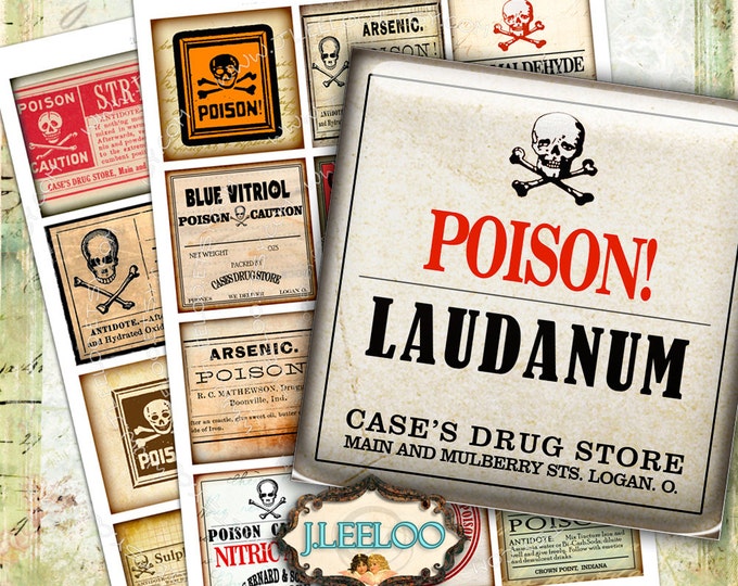 Digital collages POISON 2.5 inch square paper goods for invitation  mirrors magnet and craft instant download printable paper qu438