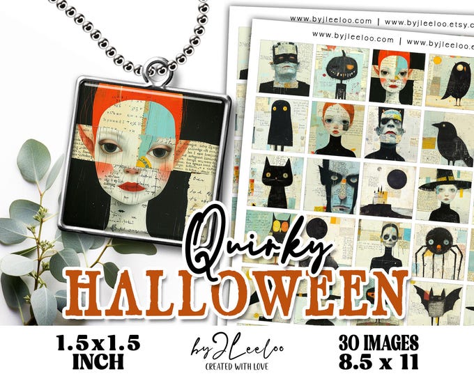 QUIRKY HALLOWEEN 1.5x1.5 inch printable illustration | Digital square pendant glass cabochon sticker |  whimsical Commercial Use | qu614