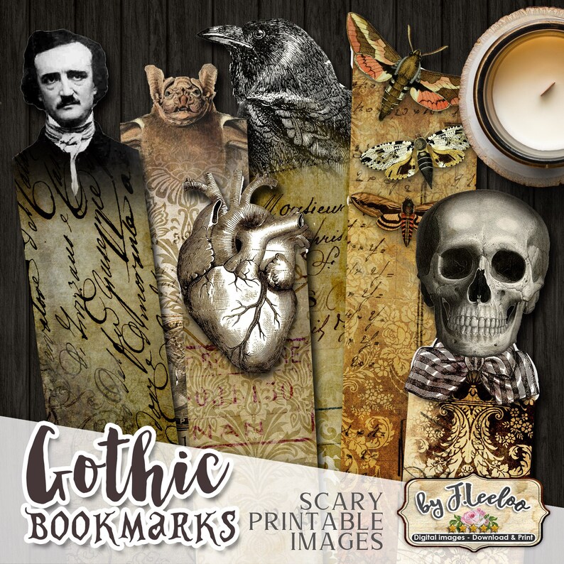 May include: Set of six printable gothic bookmarks featuring images of a raven, a bat, a heart, a skull, a moth, and a page of handwritten text. The bookmarks are in a vintage style with a distressed, aged look.
