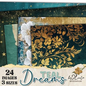 TEAL DREAMS 24 fogli 3 dimensioni / Sfondo misto blu e oro / Stampabile per scrapbooking digitale Junk Journal Uso commerciale / pp890