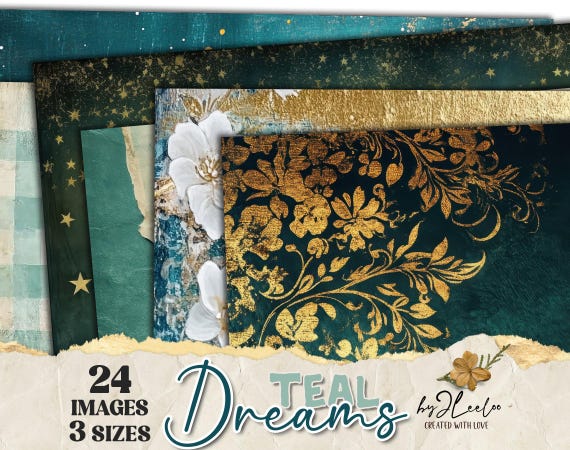 TEAL DREAMS 24 papers 3 Size | Mix background blue and gold backdrop | Printable for Junk Journal scrapbook digital Commercial Use | pp890