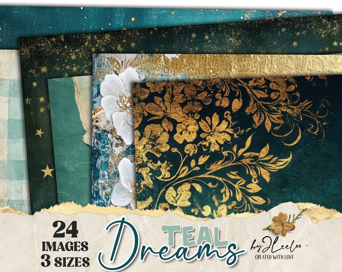 TEAL DREAMS 24 papers 3 Size | Mix background blue and gold backdrop | Printable for Junk Journal scrapbook digital Commercial Use | pp890